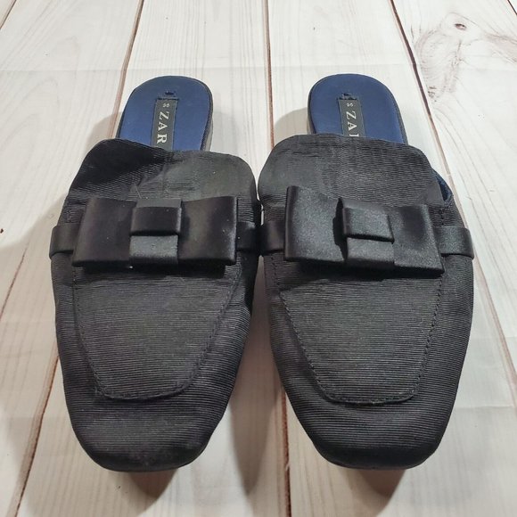 Zara Flats 36 US 6 Womens Shoes Black Fabric Mules Slip On Shoes Bows Square Toe - Picture 2 of 10
